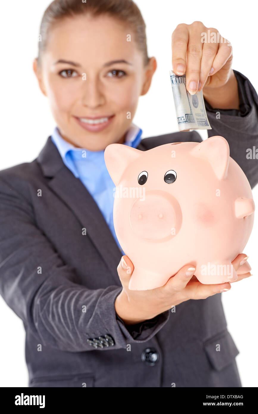 Successful happy woman saving her money Stock Photo