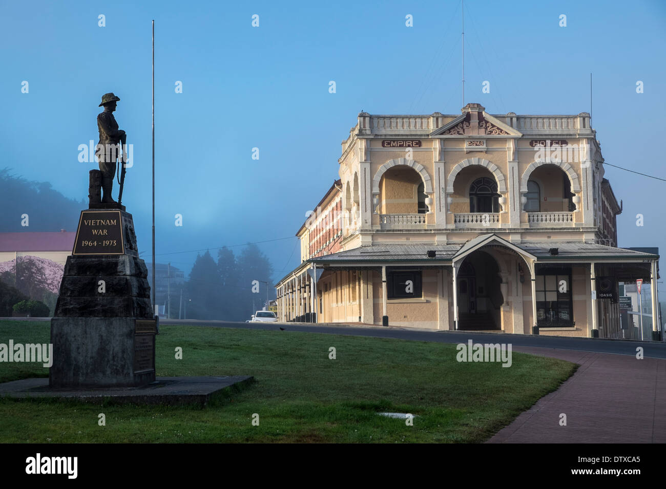 The Imperial Hotel and Anzac monument in Queenstown, Tasmania Stock Photo