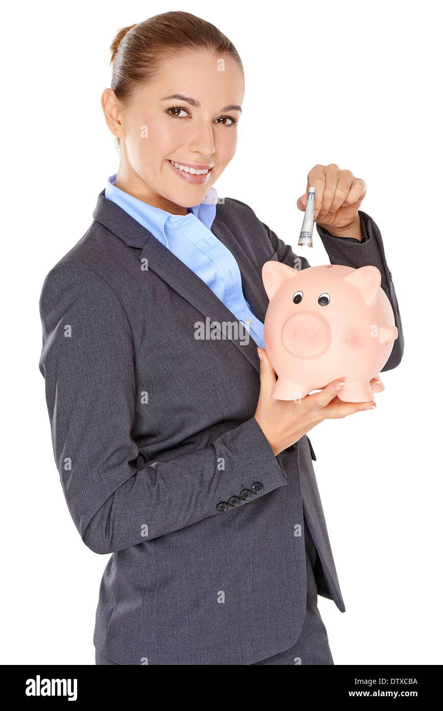 Successful happy woman saving her money Stock Photo