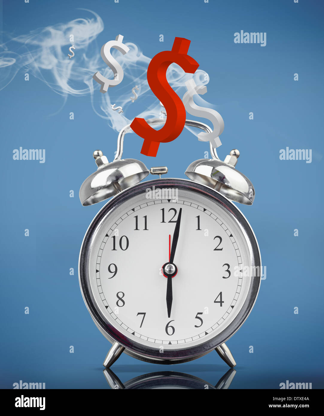 Smoking alarm clock with dollar signs Stock Photo Alamy