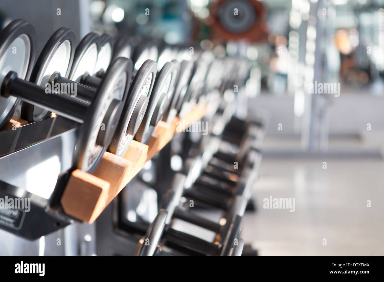 Dumb bells lined up in a fitness studio. picture is short focus Stock Photo