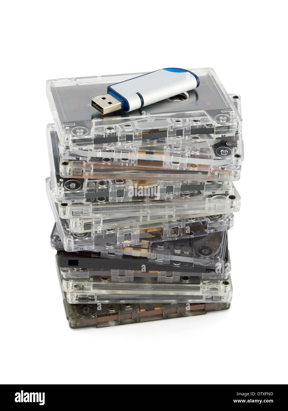 Stack of audio cassettes and flash memory Stock Photo