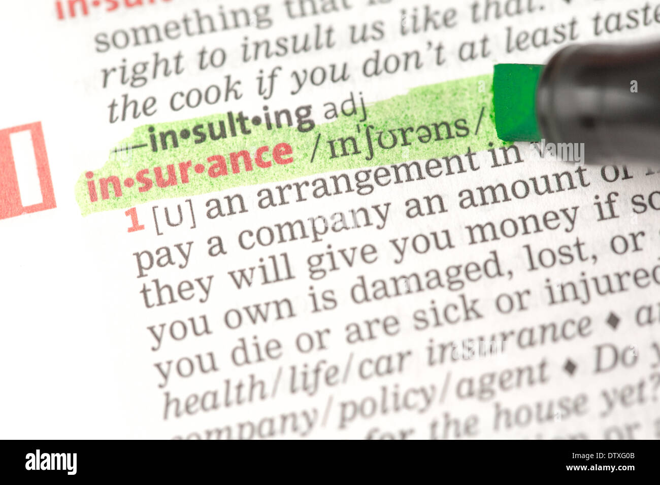 Insurance definition highlighted in green Stock Photo Alamy