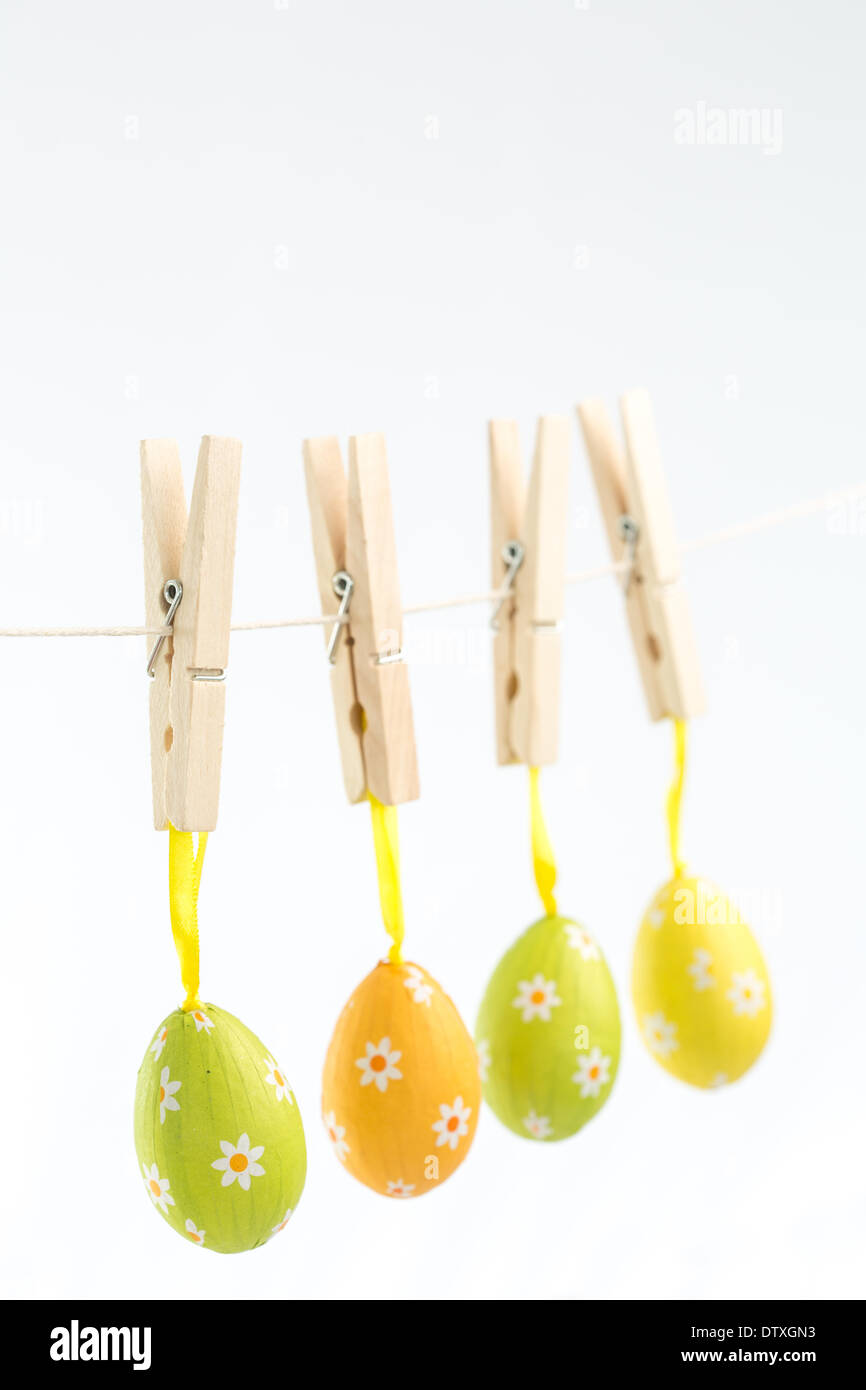 Easter eggs hanging from a line Stock Photo