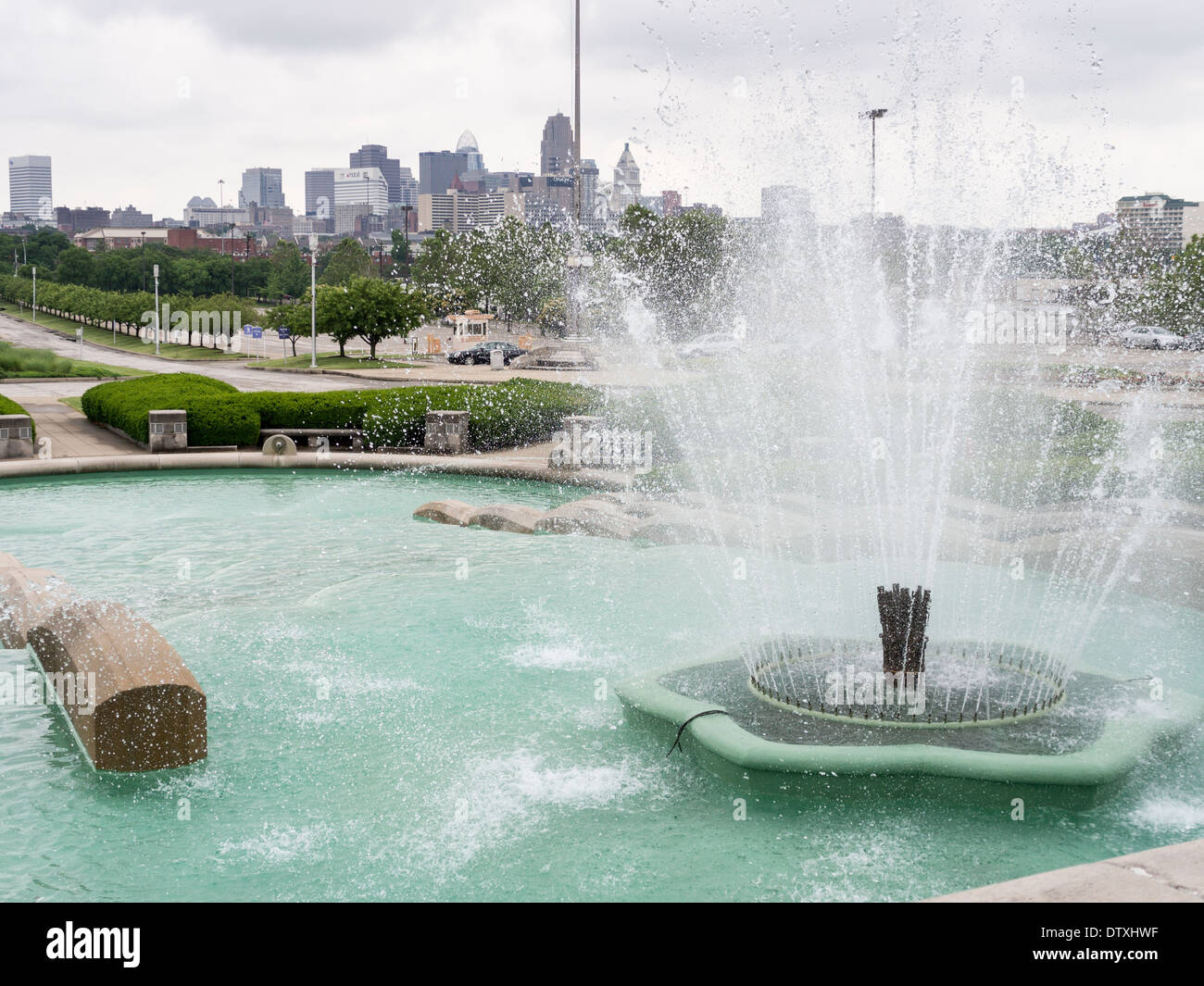 The fountain at Union Terminal. Cincinnati downtown highrises cluster in the distance. Stock Photo