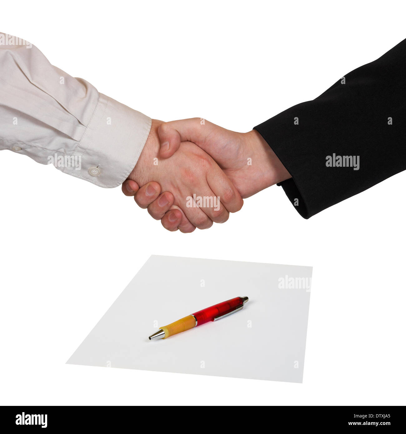 Handshake, paper and pen Stock Photo