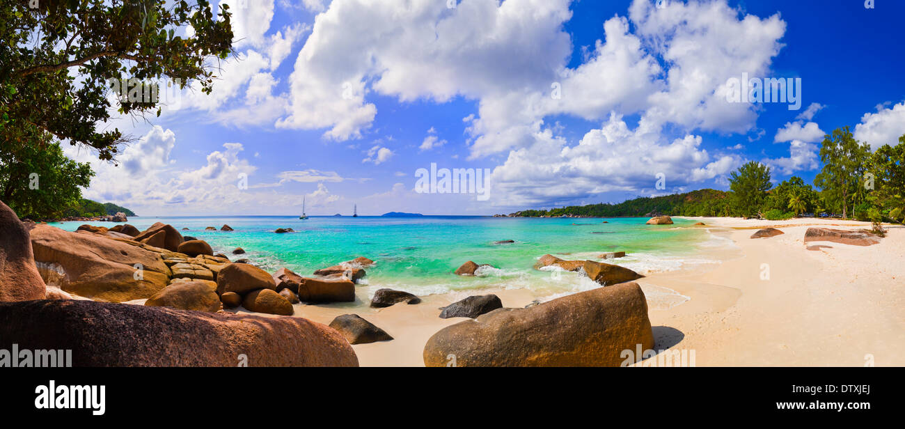 Panorama of beach Anse Lazio, Seychelles Stock Photo