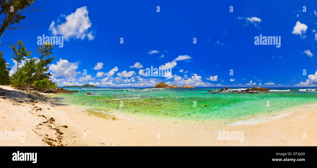 Panorama of tropical beach at Seychelles Stock Photo