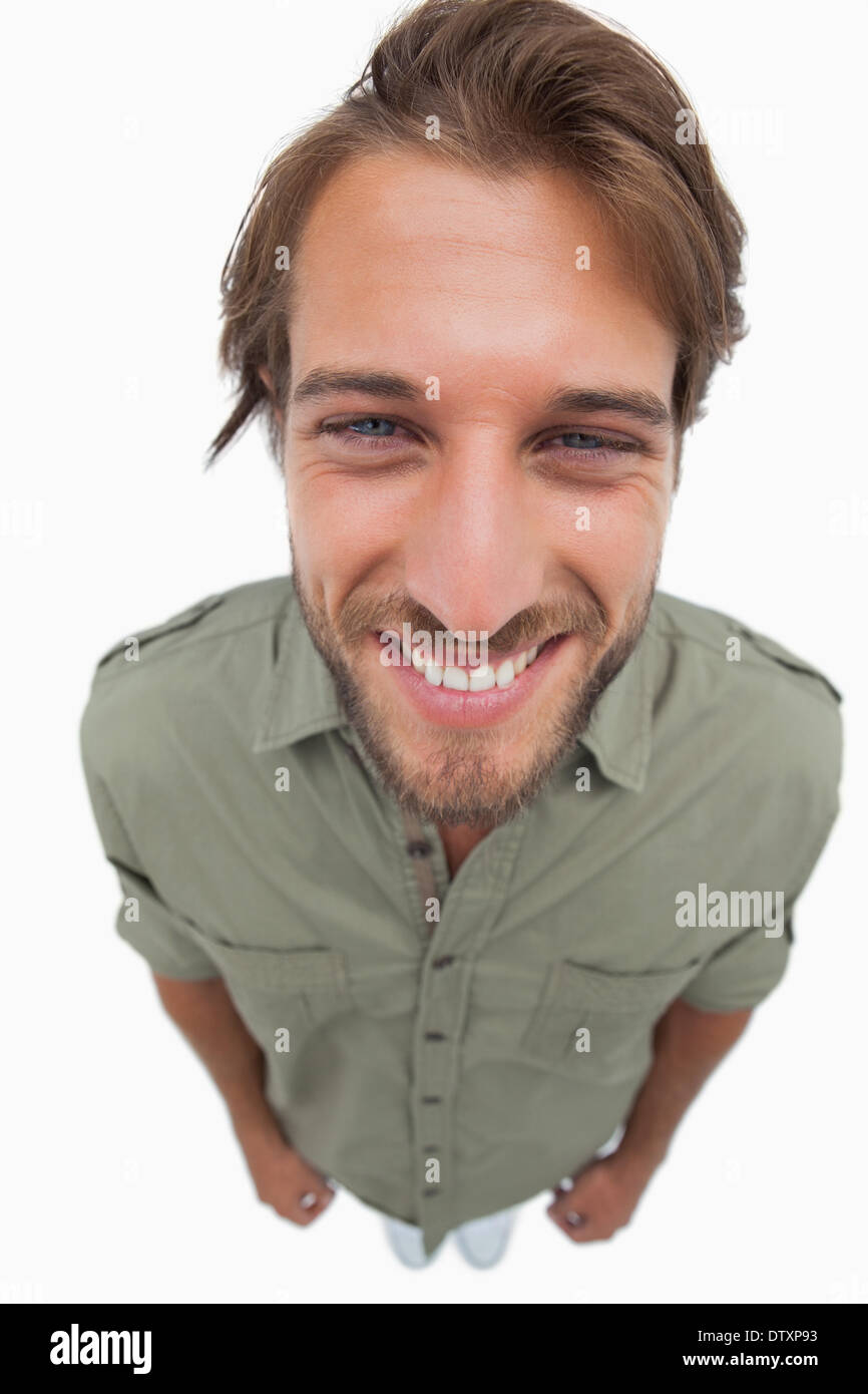 Overhead angle of smiling man Stock Photo Alamy