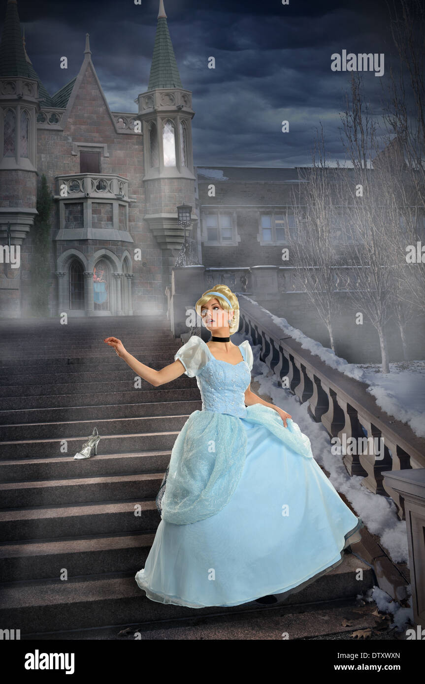 Beautiful young princess losing shoe on stairs during foggy night Stock  Photo - Alamy