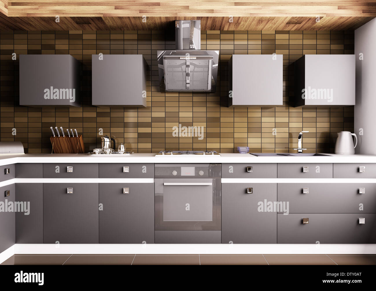 Modern kitchen with sink, gas stove and hood interior Stock Photo - Alamy