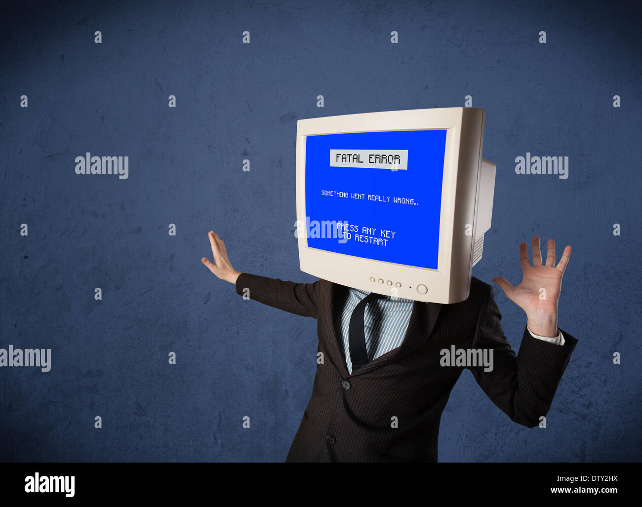 Person with a monitor head and fatal error blue screen on the display