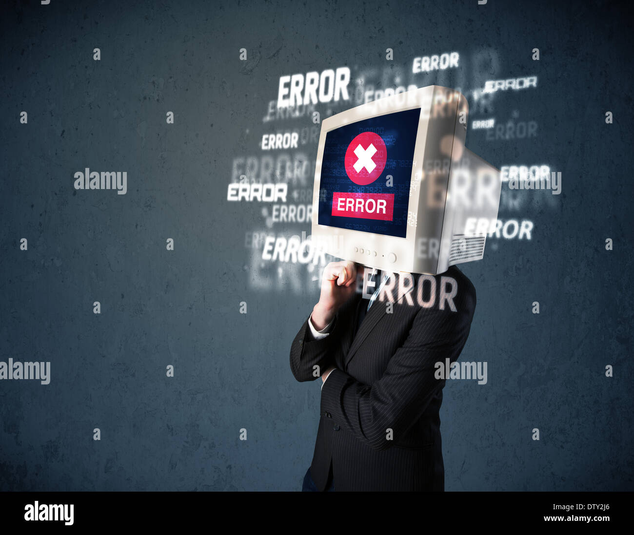 Business man with pc monitor on his head and error messages on the display Stock Photo