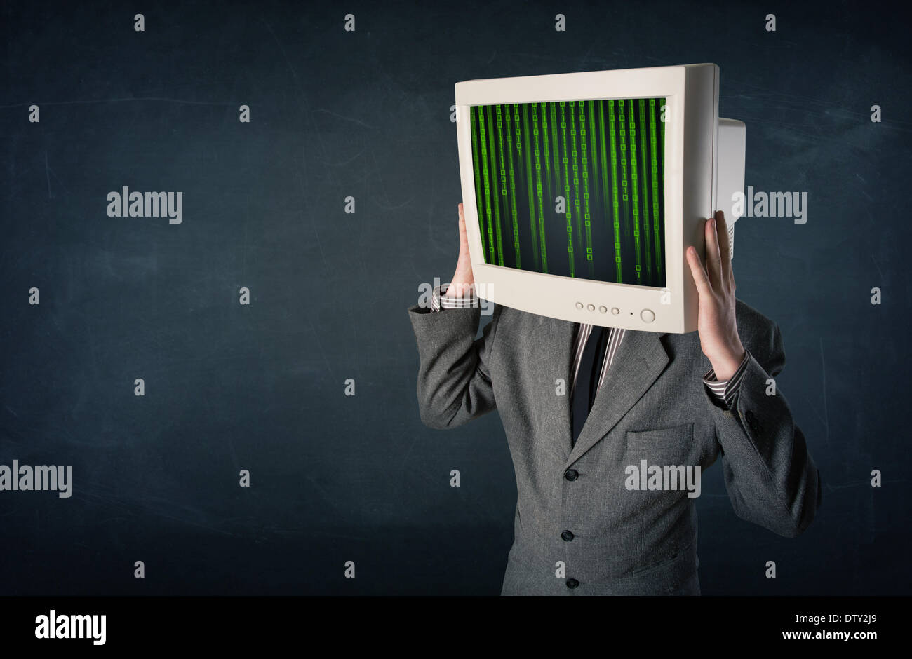 Cyber human with a monitor screen and computer code on the display ...