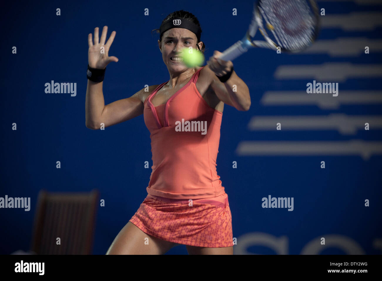 Acapulco, Mexico. 24th Feb, 2014. Ana Sofia Sanchez of Mexico returns the  ball to Marina Erakovic of New Zealand during their women's singles match  at the 2014 Mexican Open tennis tournament in