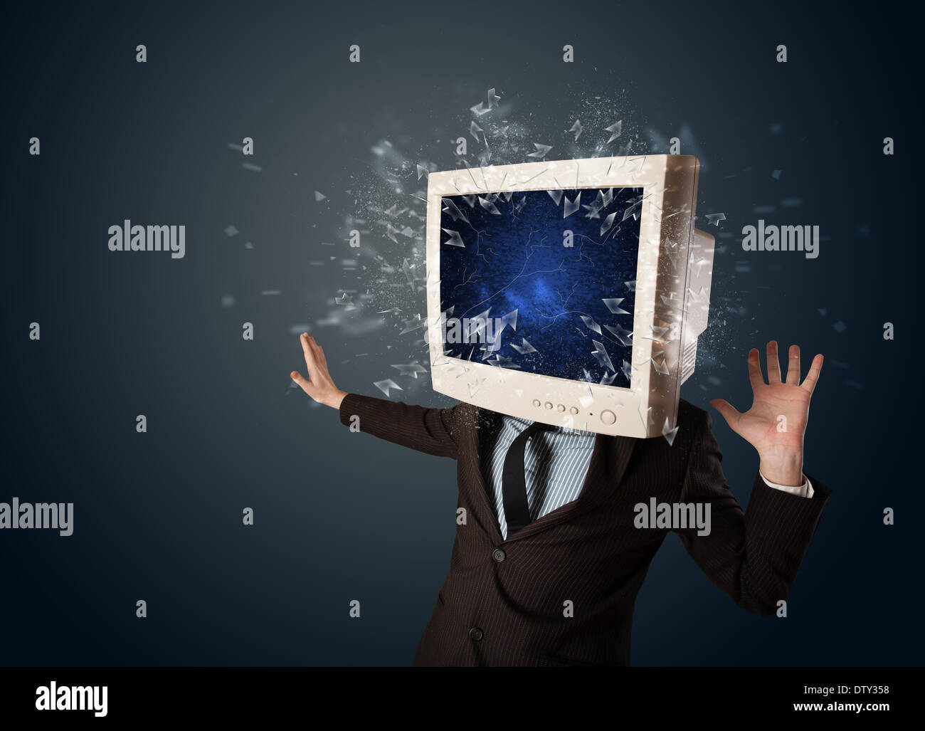 Computer monitor screen exploding on a young persons head Stock Photo ...