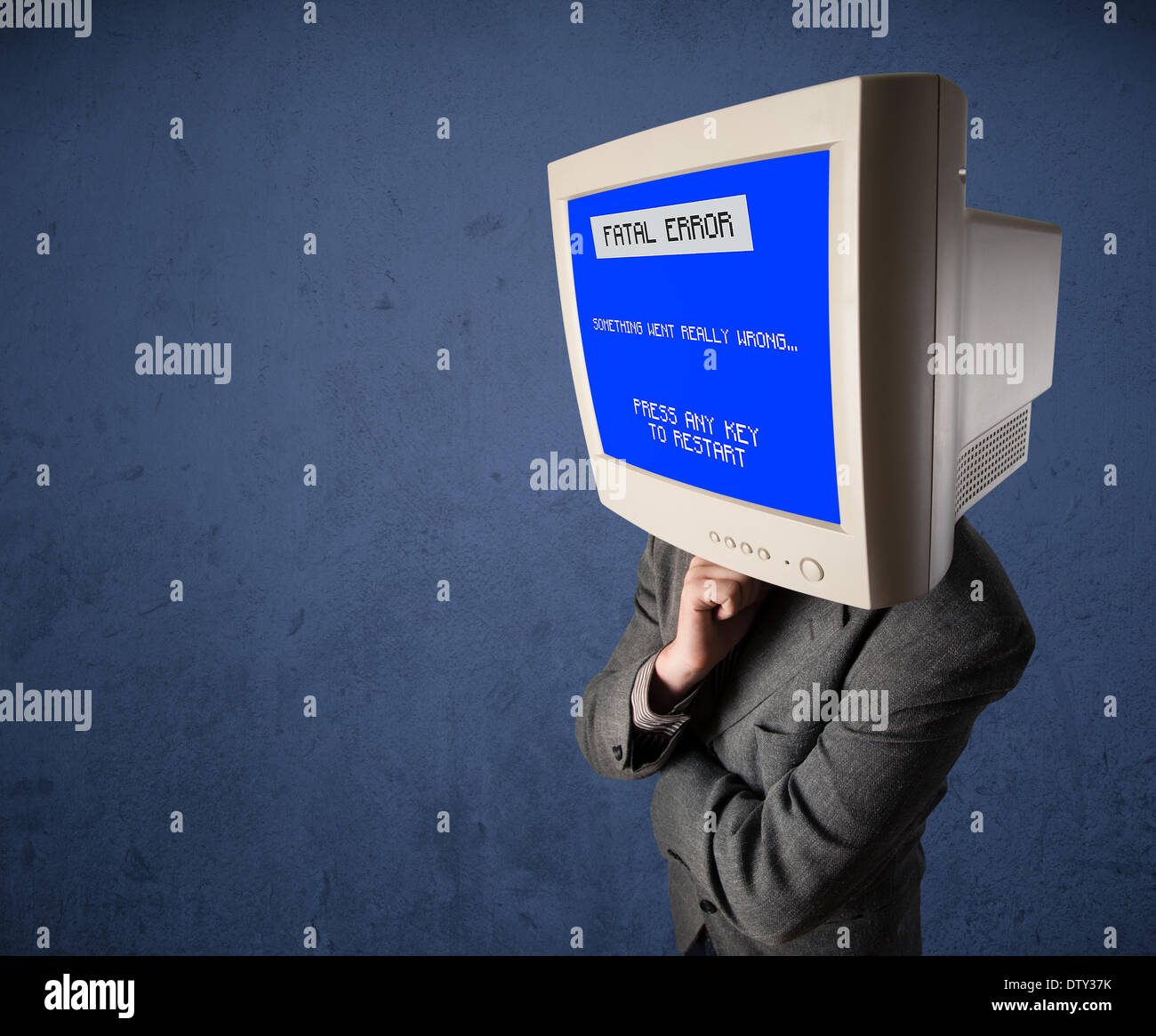 Person with a monitor head and fatal error blue screen on the display