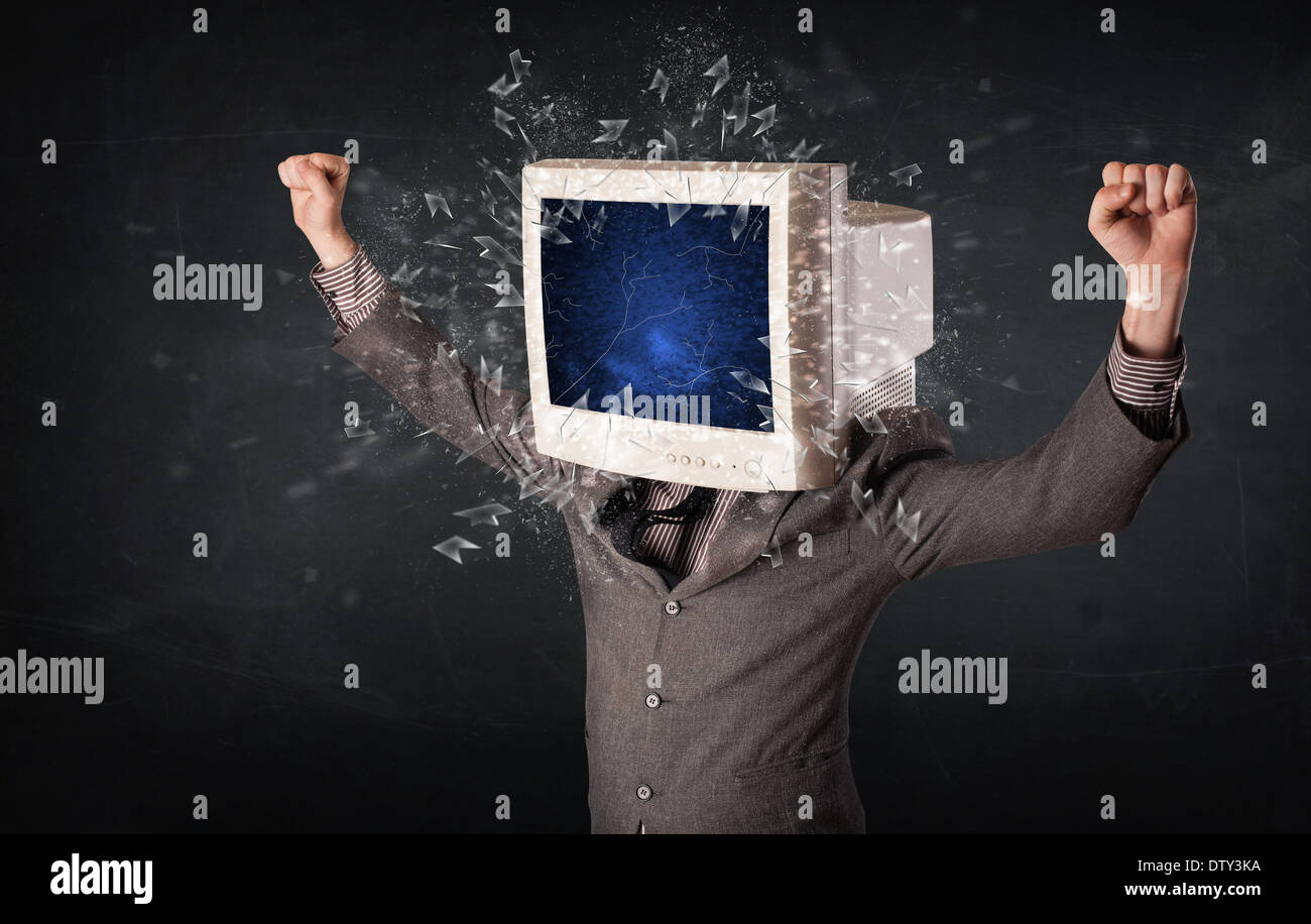 Computer monitor screen exploding on a young persons head Stock Photo ...