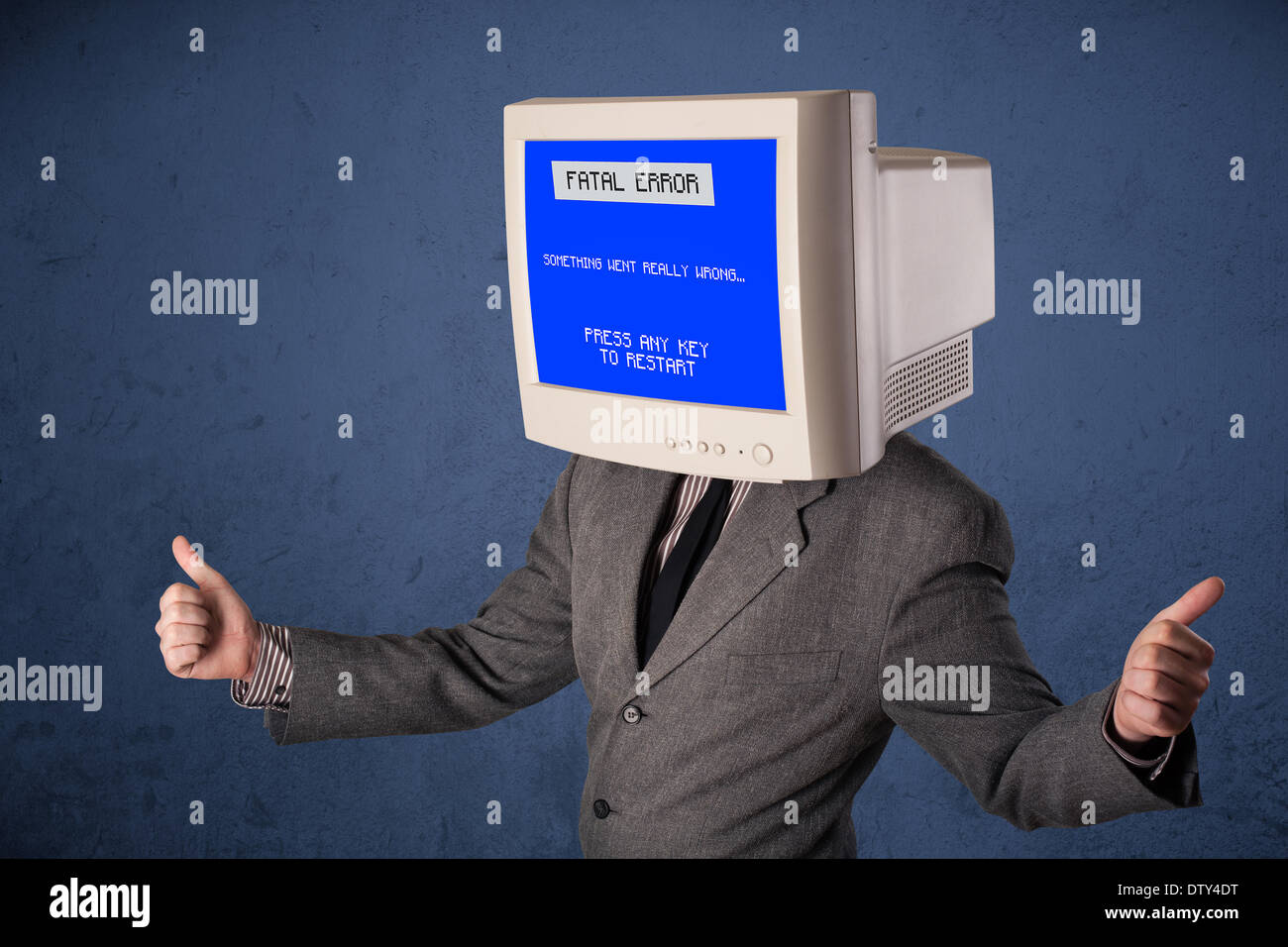 Person with a monitor head and fatal error blue screen on the display