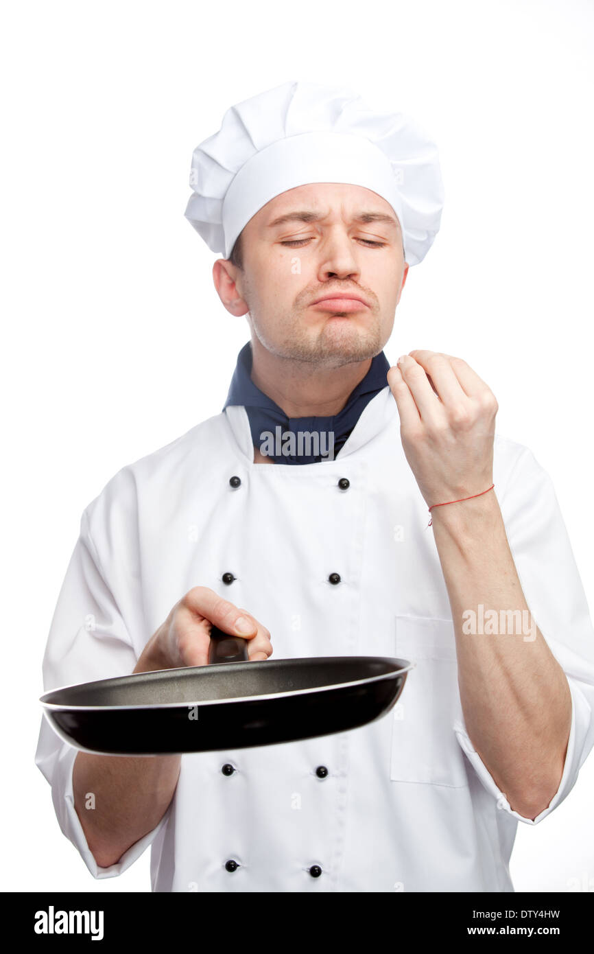 chef with pan in uniform Stock Photo