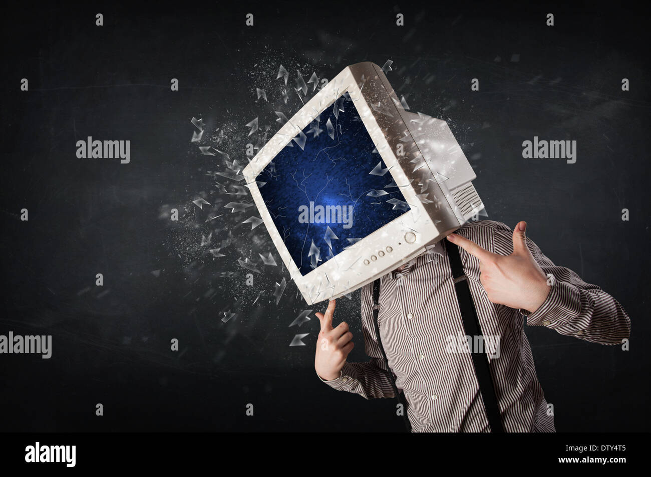 Computer monitor screen exploding on a young persons head Stock Photo ...