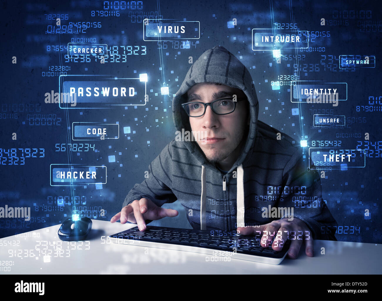Hacker programing in technology enviroment with cyber icons Stock Photo ...