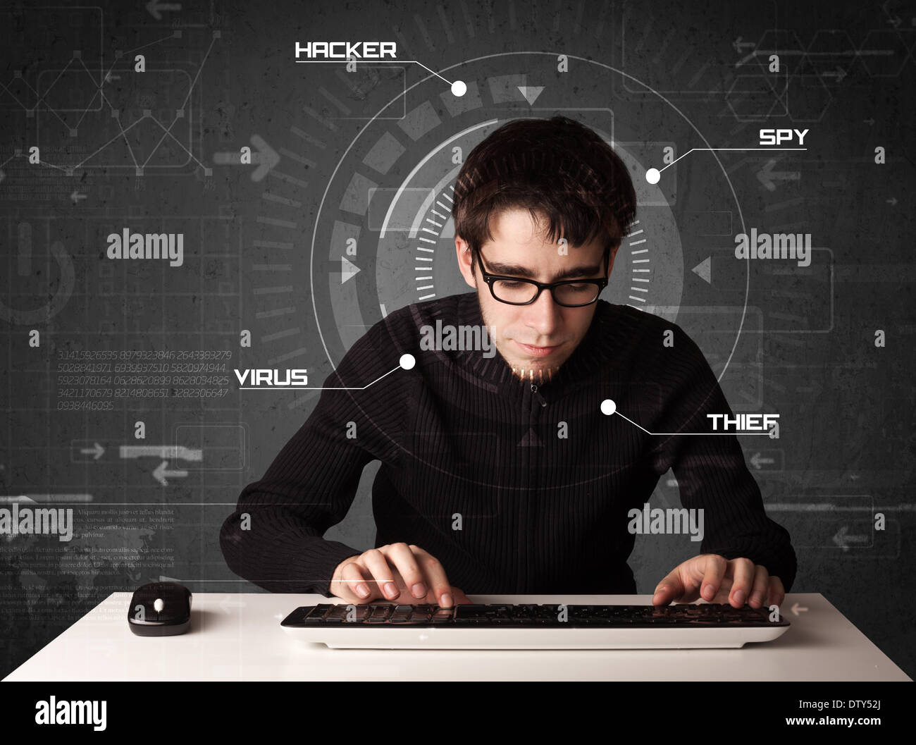 Young hacker in futuristic enviroment hacking personal information Stock Photo