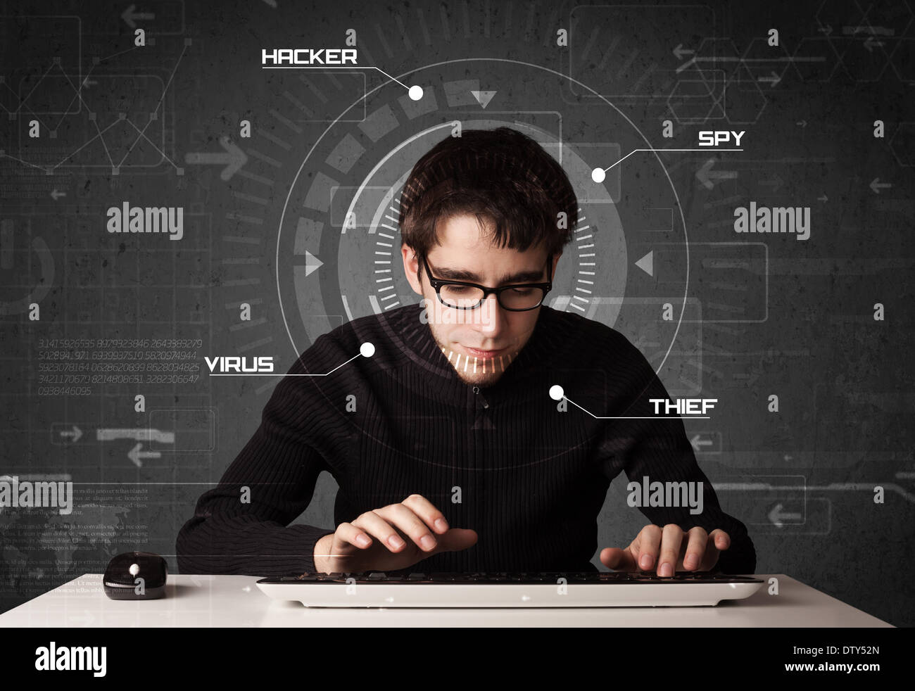 Young hacker in futuristic enviroment hacking personal information Stock Photo