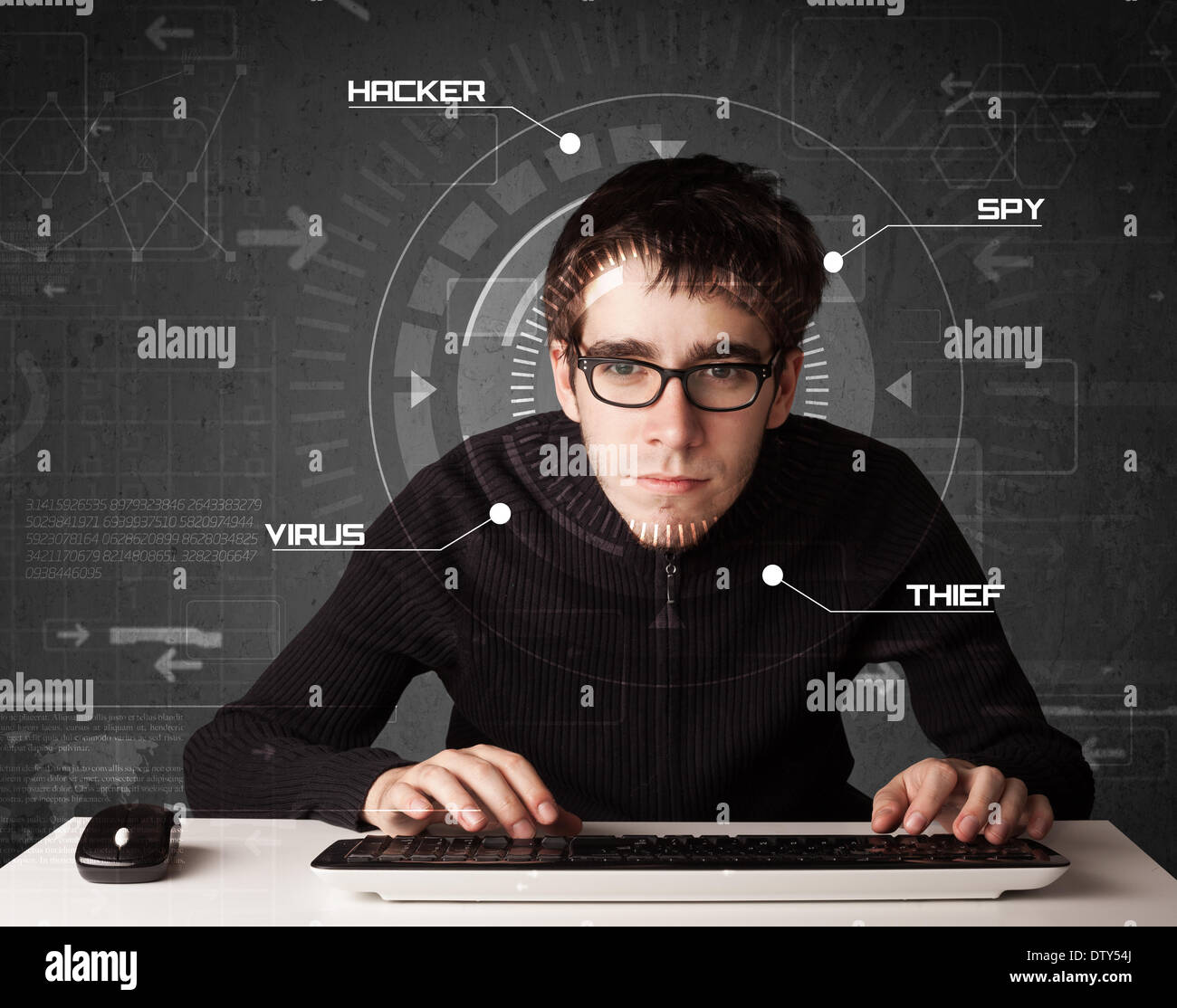 Young hacker in futuristic enviroment hacking personal information Stock Photo