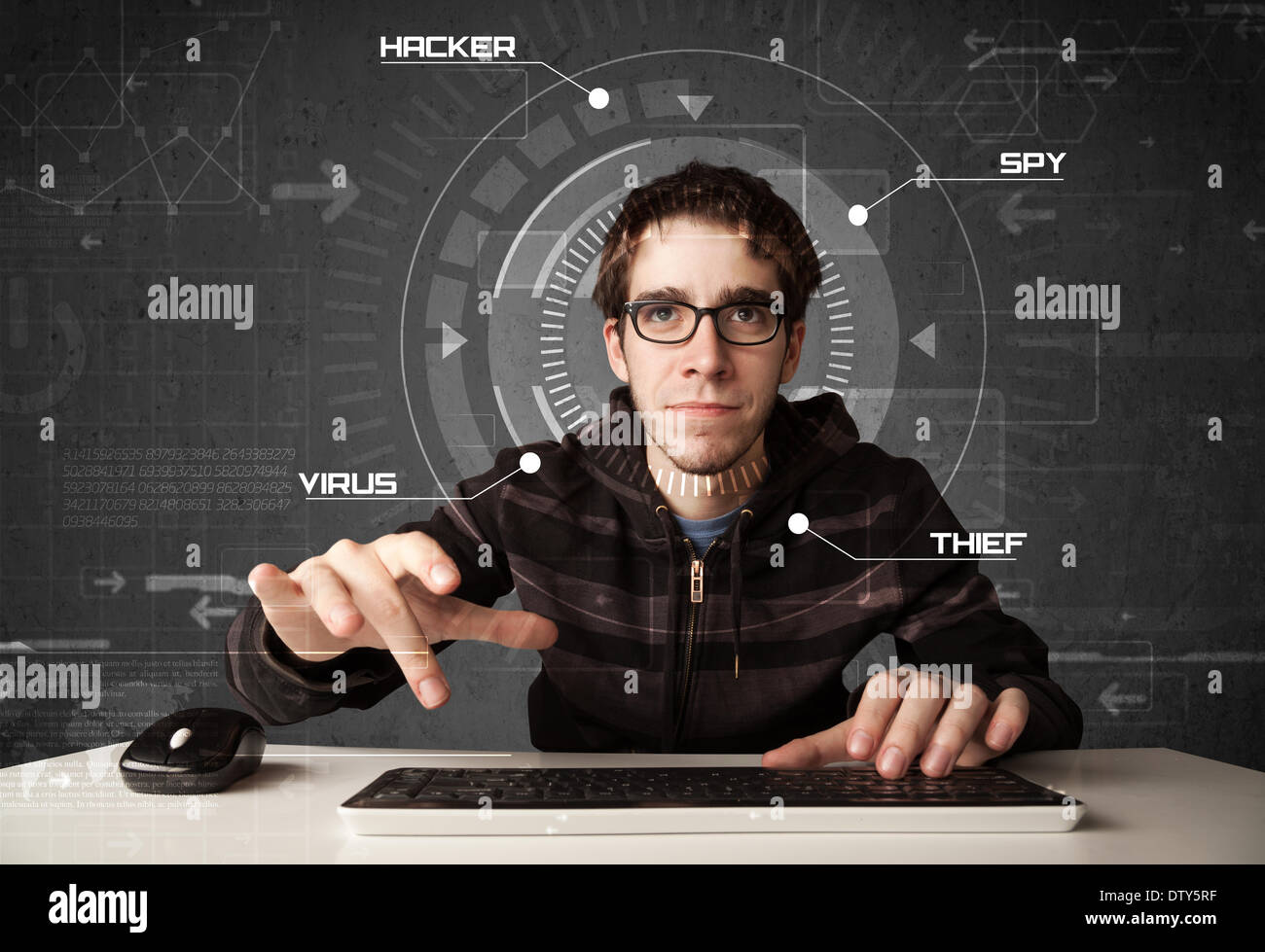 Young hacker in futuristic enviroment hacking personal information Stock Photo
