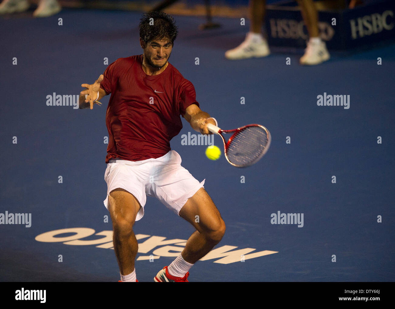 (140225) -- ACAPULCO, Feb. 25, 2014 (Xinhua) -- Tigre Hank of Mexico returns the ball to Sam Querrey of the United States during the men's singles match at 2014 Mexican Open tennis tournament in Acapulco, Mexico, on Feb. 24, 2014. Tigre Hank lost 1-2. (Xinhua/Jesus Espinosa) (da) Stock Photo