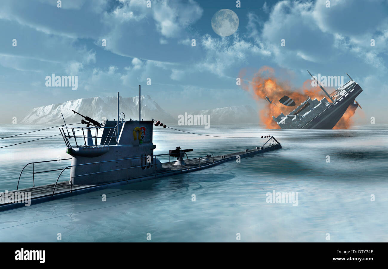 A U-Boat Sinking A Ship From An Arctic Convoy..2.. Stock Photo