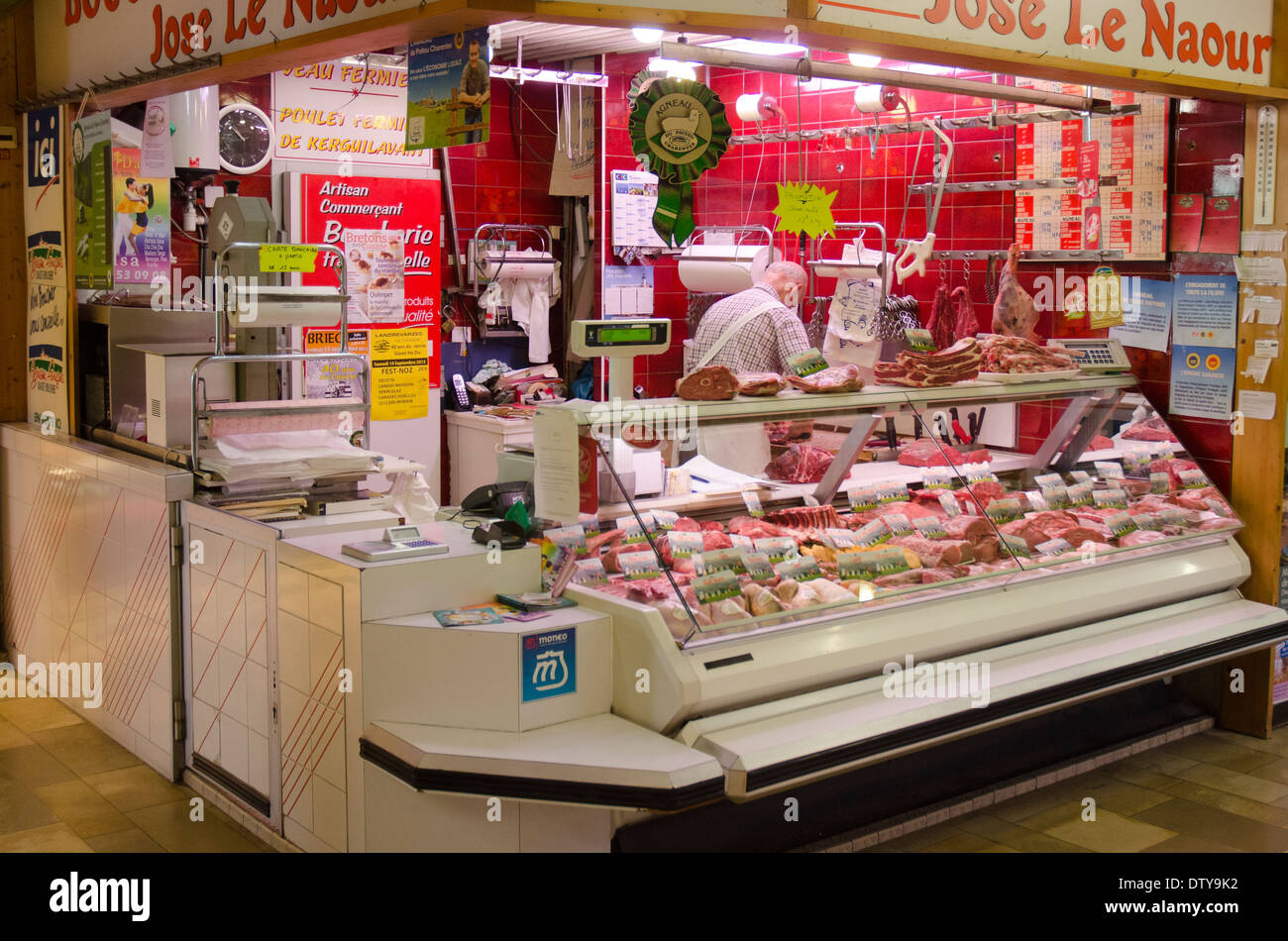 Butchers stall in Quimper market Brittany France Stock Photo