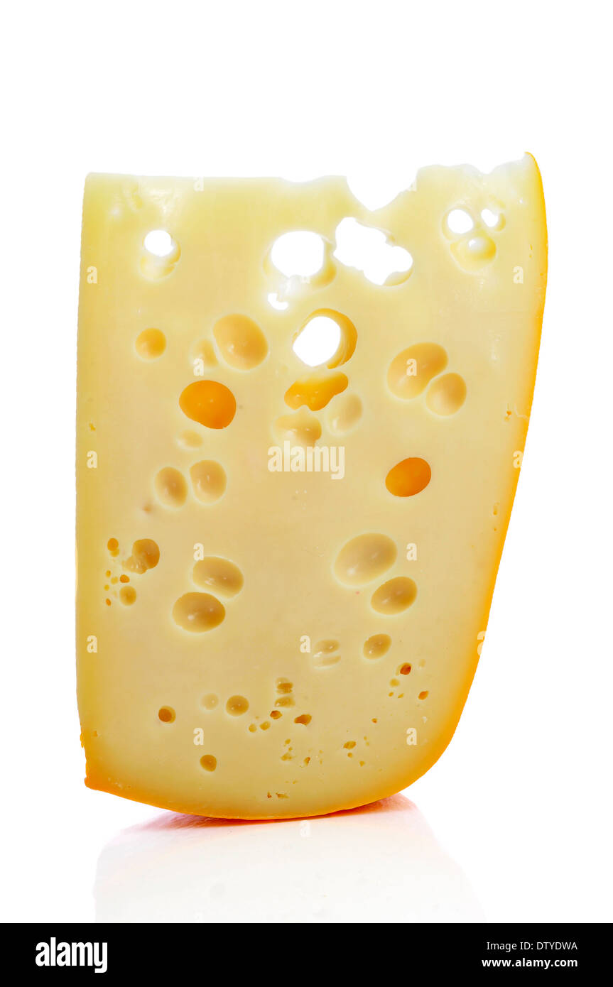 a piece of Leerdammer cheese with the distinctive holes on a white background Stock Photo