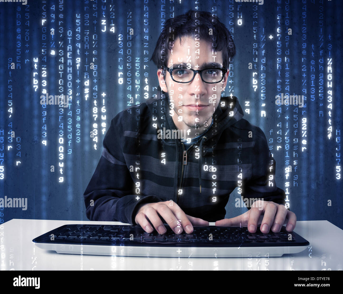 Hacker decoding information from futuristic network technology Stock ...
