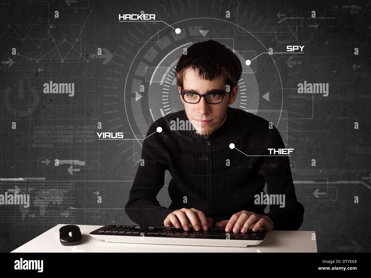 Young hacker in futuristic enviroment hacking personal information Stock Photo