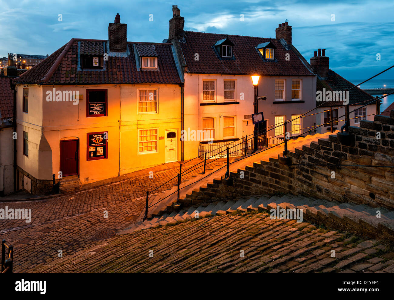 Dusk at the bottom of the 199 steps, Whitby Stock Photo