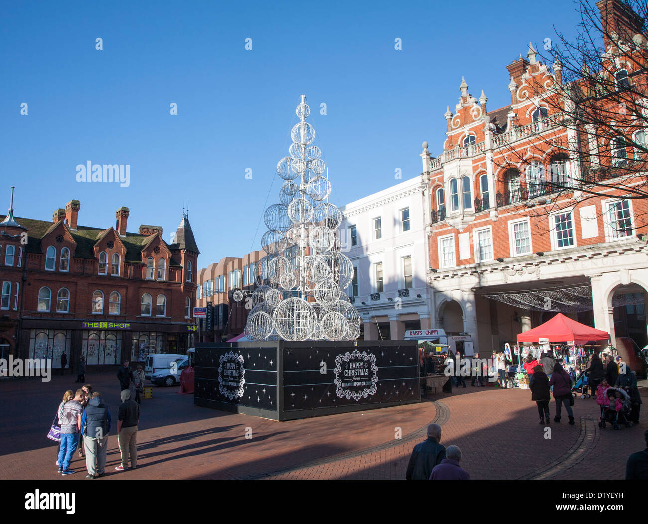 Silver Christmas decorations in the town centre of Ipswich, Suffolk