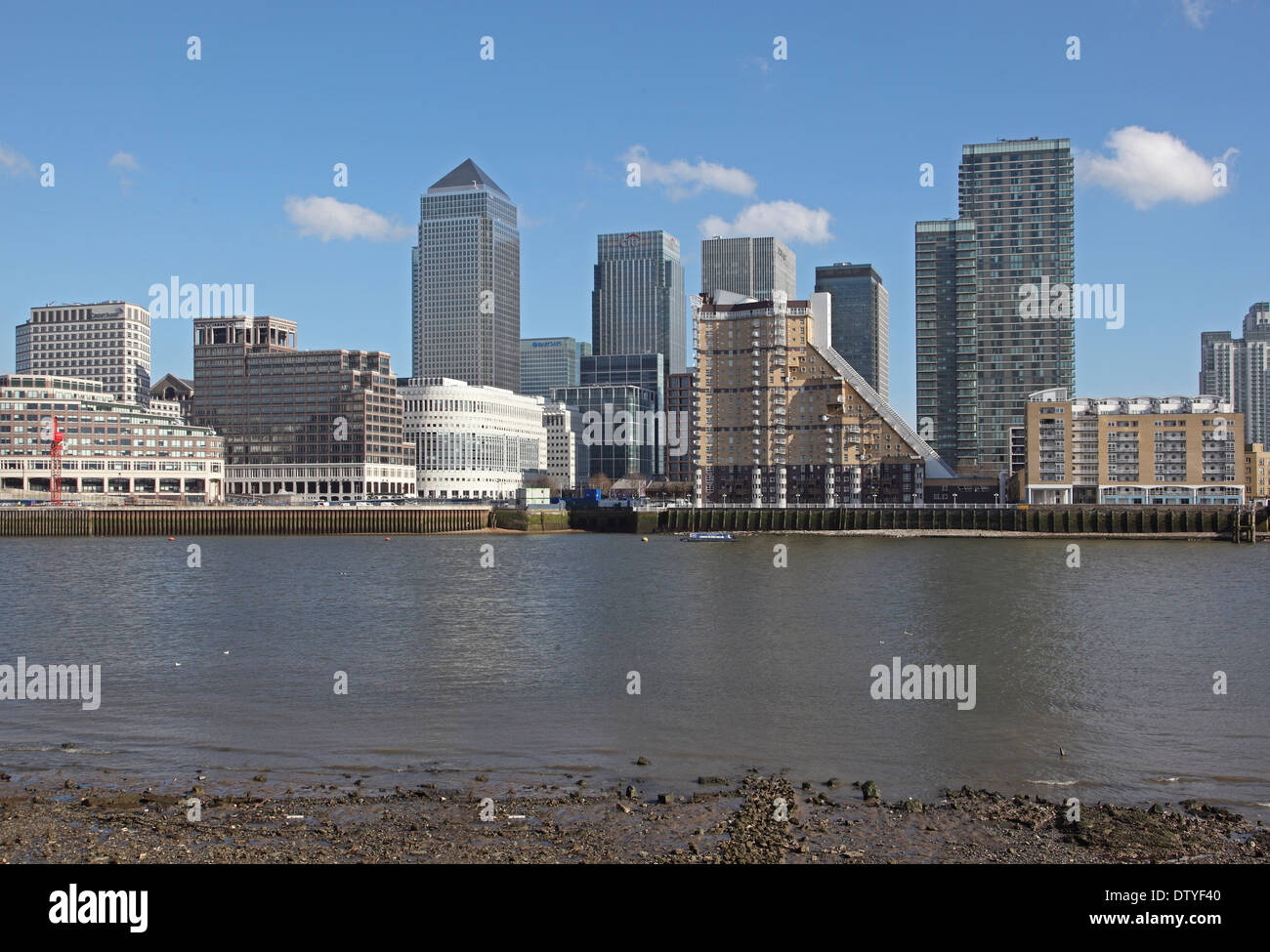 London's Canary Wharf development viewed from the South side of the River Thames in Rotherhithe Stock Photo