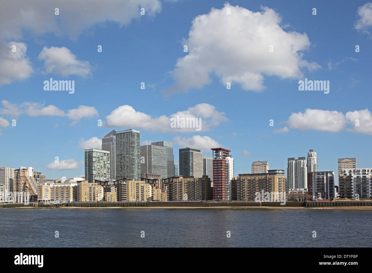 London's Canary Wharf development viewed from the South side of the River Thames in Rotherhithe Stock Photo