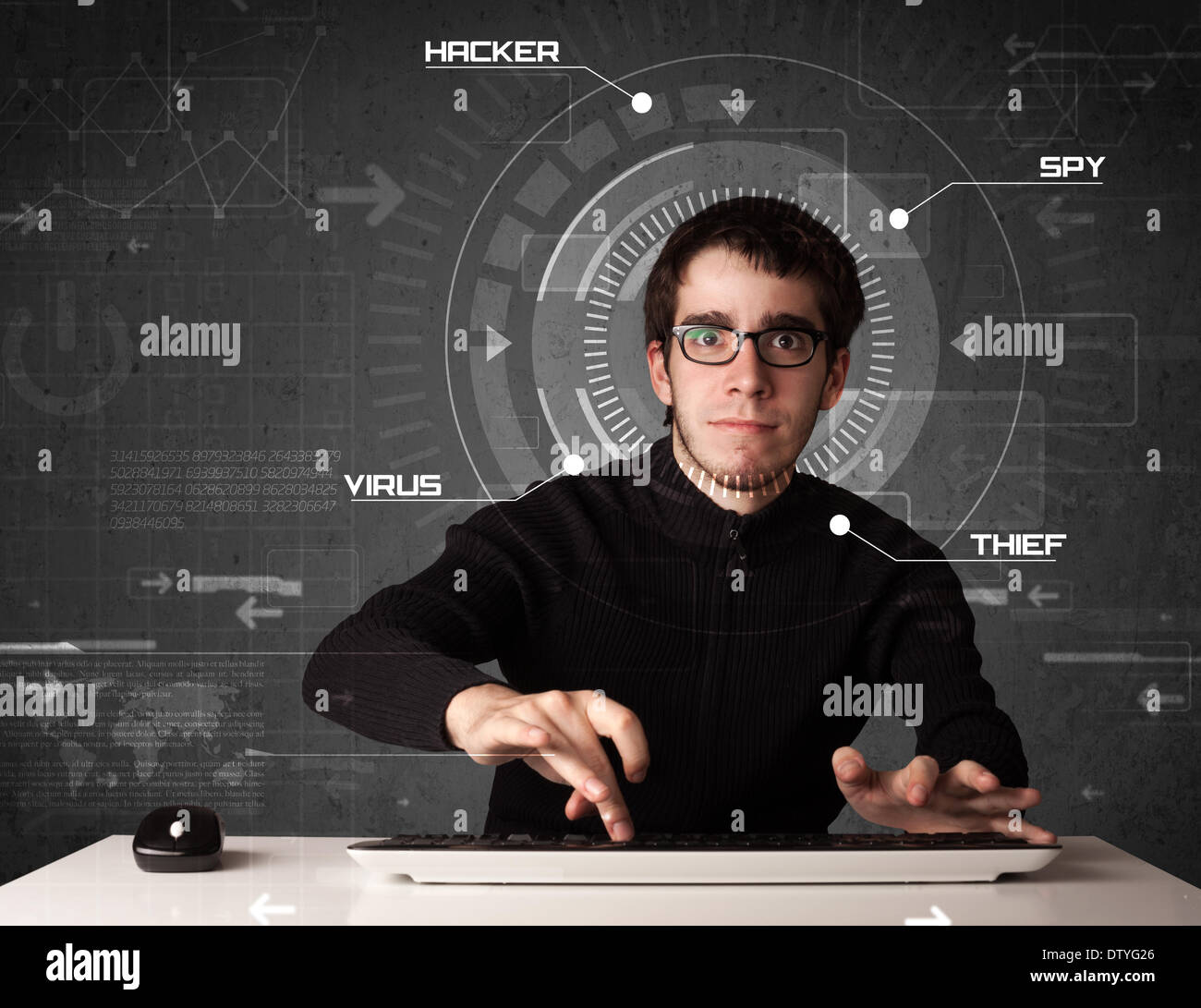Young hacker in futuristic enviroment hacking personal information Stock Photo