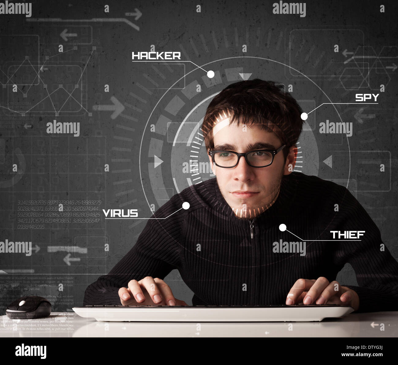 Young hacker in futuristic enviroment hacking personal information Stock Photo