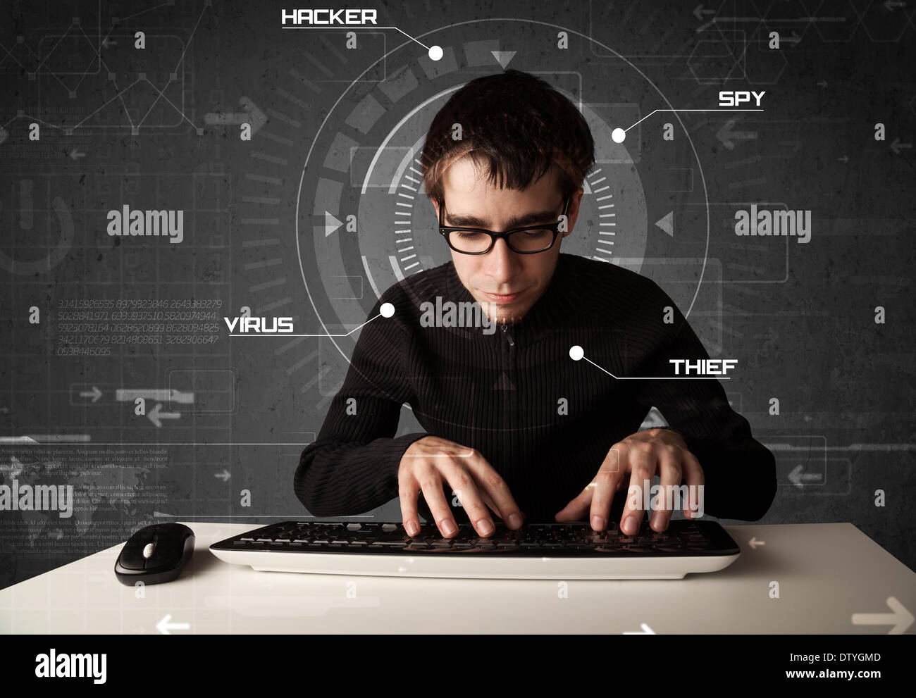 Young hacker in futuristic enviroment hacking personal information Stock Photo