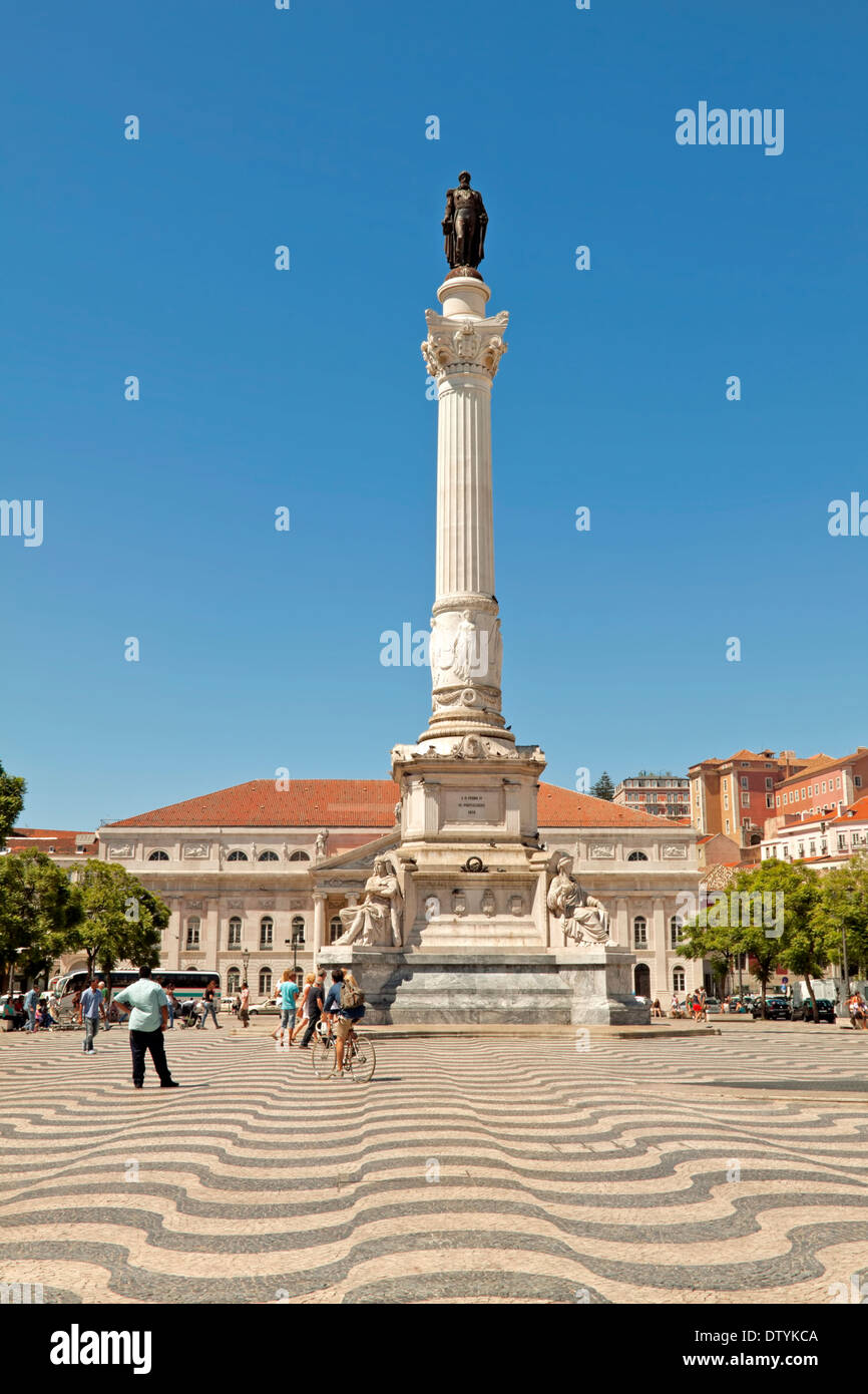 Rossio Square with the Column of Pedro IV , the National Theater and the typical Pombaline façades, Lisbon, Baixa Portugal. Stock Photo