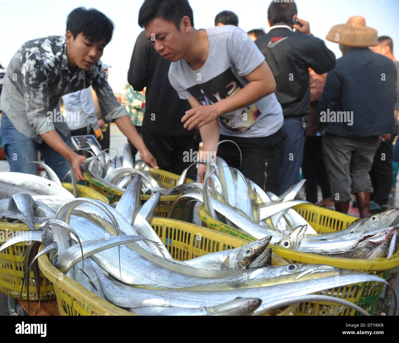Qionghai, China's Hainan Province. 25th Feb, 2014. Two fishermen load seafood for sale at a port of the Tanmen harbour in Qionghai, south China's Hainan Province, Feb. 25, 2014. Large quantities of seafood have arrived here as Hainan enters the spring fishing season. © Meng Zhongde/Xinhua/Alamy Live News Stock Photo