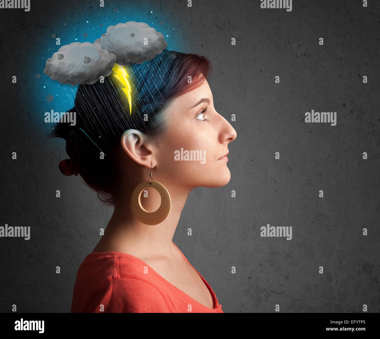 Young girl with thunderstorm lightning headache Stock Photo Alamy