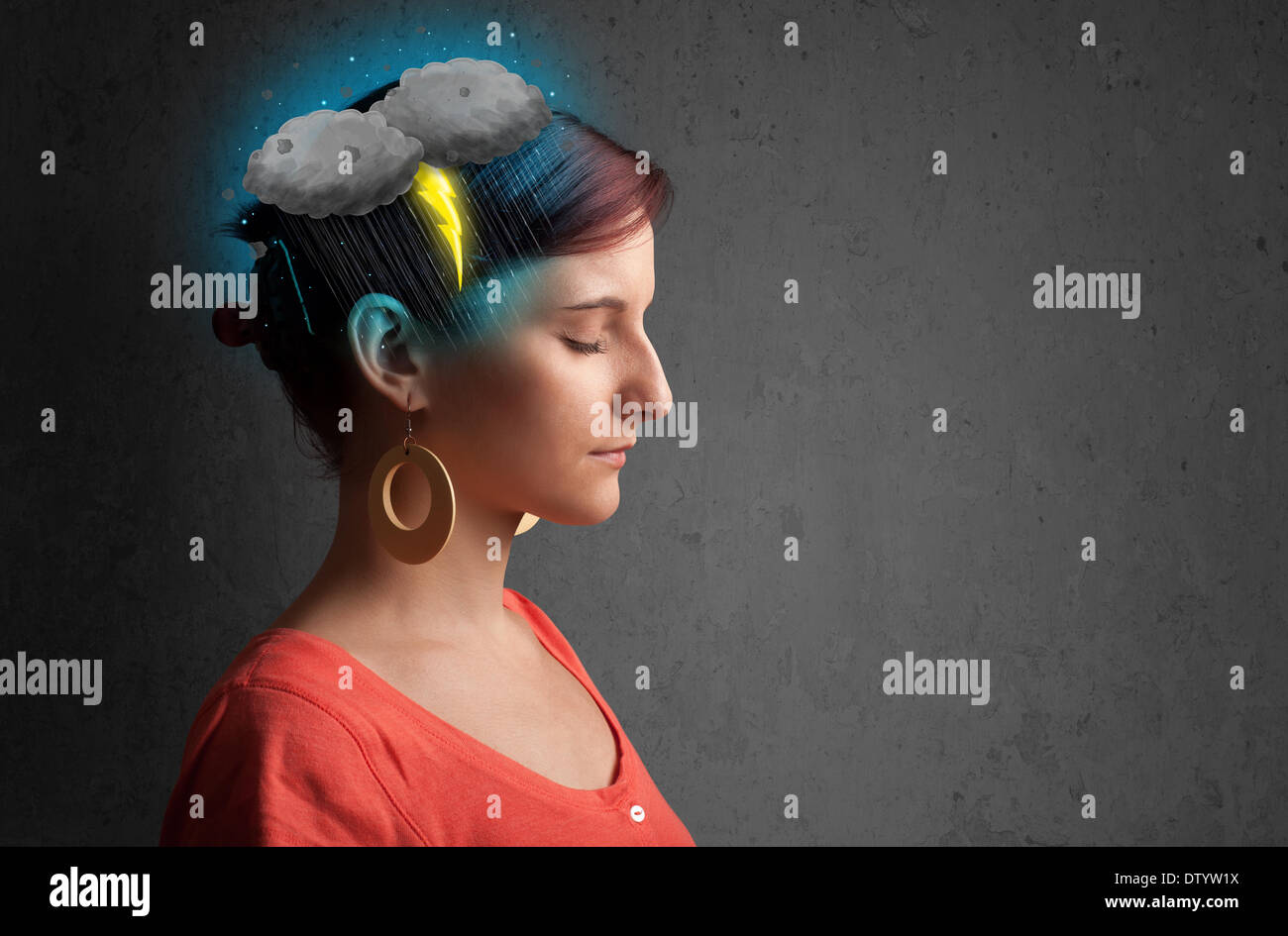 Young girl with thunderstorm lightning headache Stock Photo Alamy