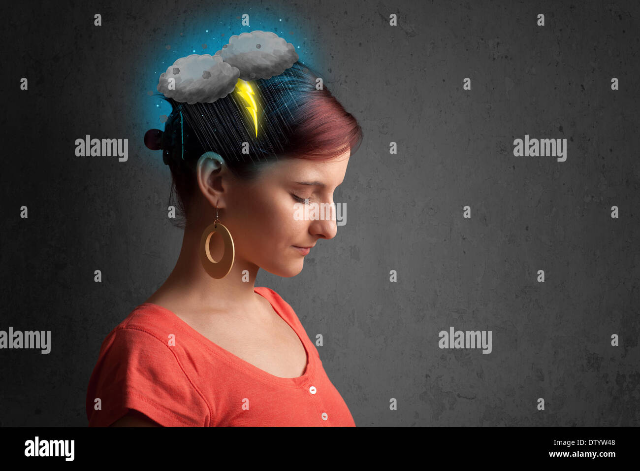 Young girl with thunderstorm lightning headache Stock Photo Alamy