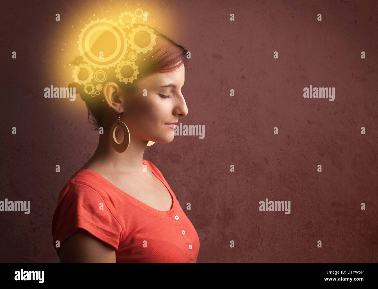 Clever girl thinking with a machine head illustration Stock Photo Alamy