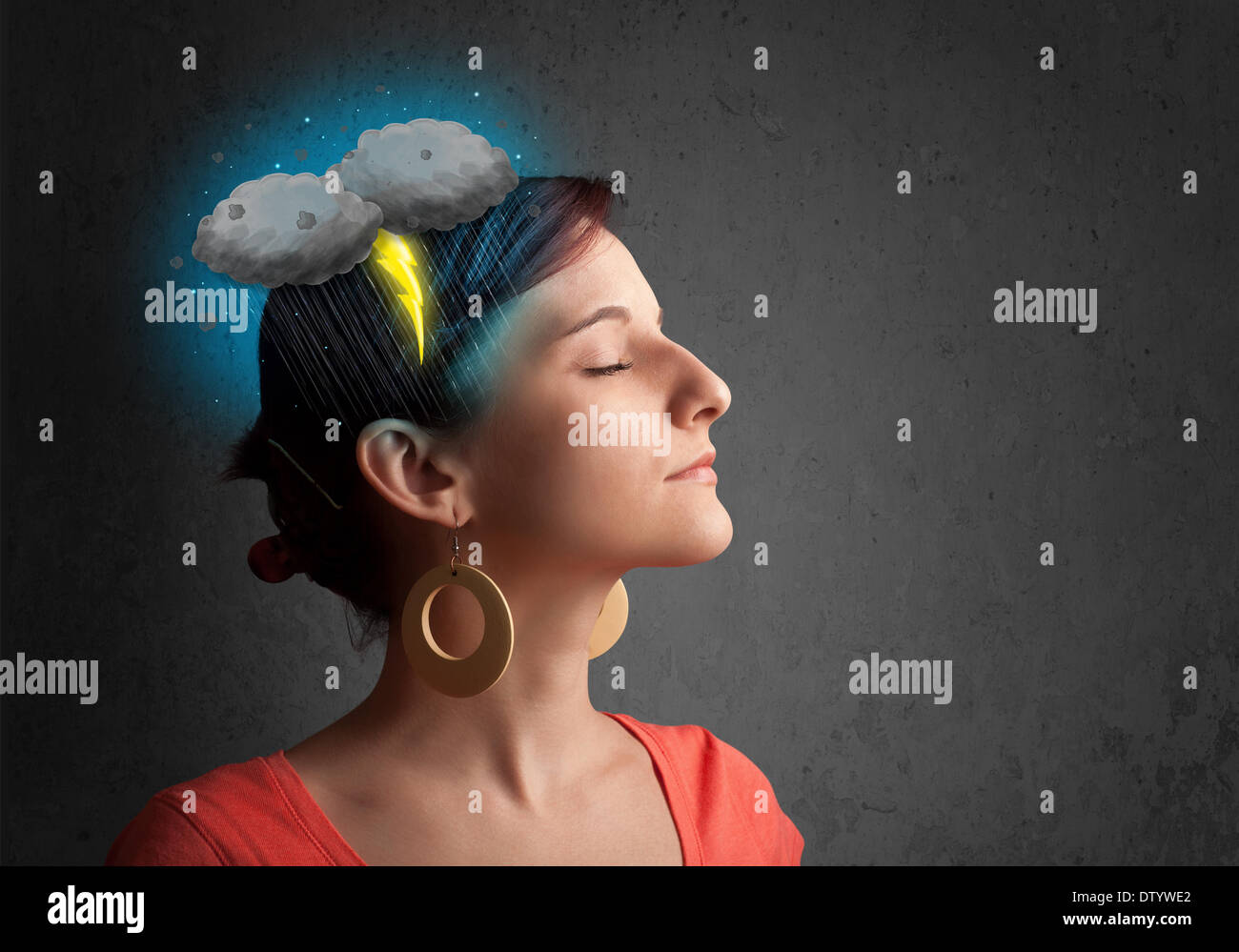 Young girl with thunderstorm lightning headache Stock Photo Alamy